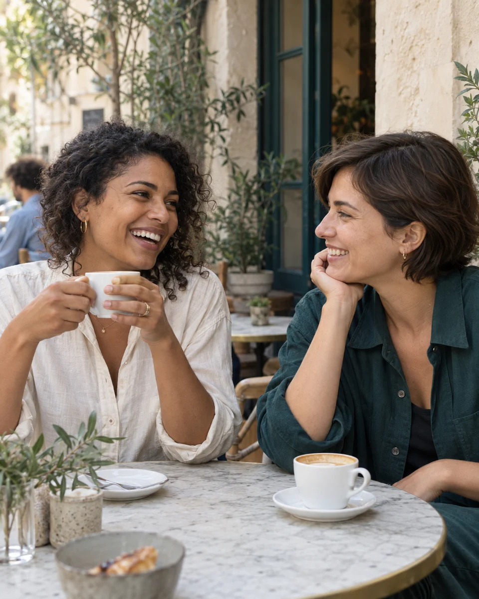 Two women talking over coffee
