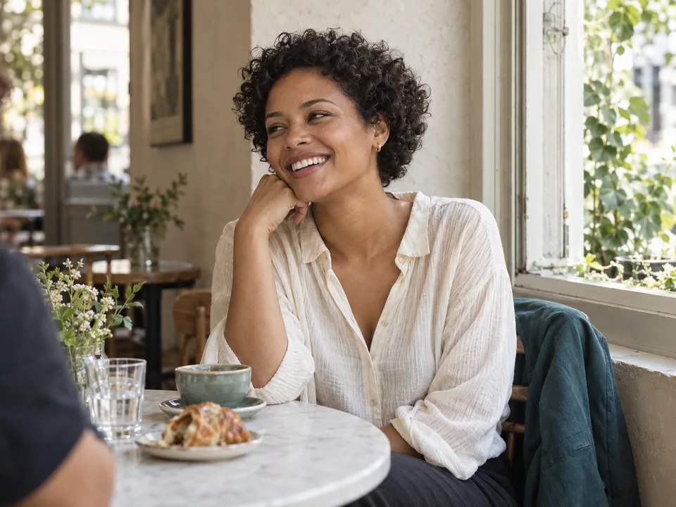 Illustrative photo of a woman enjoying a conversation in a cafe
